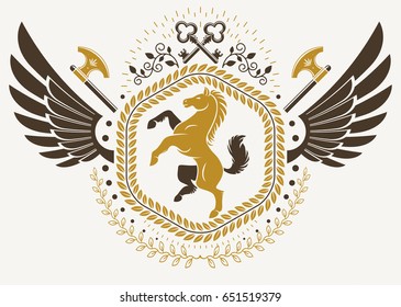 Vintage winged emblem created in vector heraldic design and composed using horse illustration and security keys.