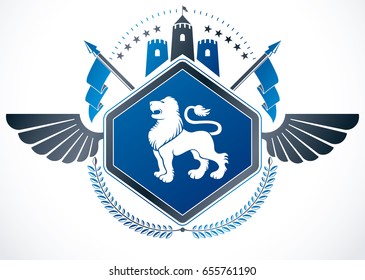 Vintage winged emblem created in vector heraldic design and composed using wild lion illustration and ancient tower.