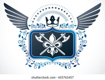 Vintage winged emblem created in vector heraldic design and composed using hatchets and royal crown.