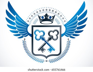 Vintage winged emblem created in vector heraldic design and composed using security keys, laurel wreath and royal crown.