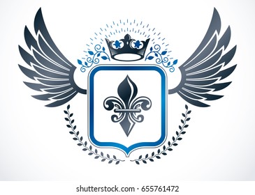 Vintage winged emblem created in vector heraldic design and composed using lily flower and imperial crown.