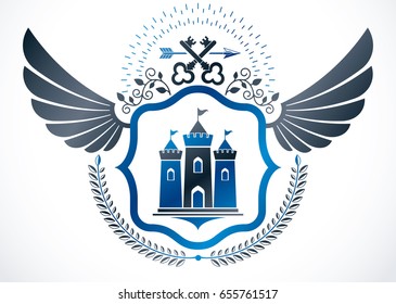 Vintage winged emblem created in vector heraldic design and composed using medieval tower and security keys.