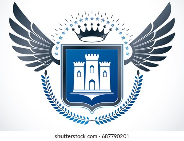 Vintage winged emblem created in vector heraldic design and composed using ancient castle, royal crown and laurel wreath.