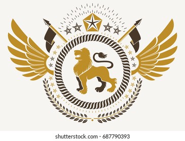 Vintage winged emblem created in vector heraldic design and composed using wild lion illustration, laurel wreath and pentagonal stars.