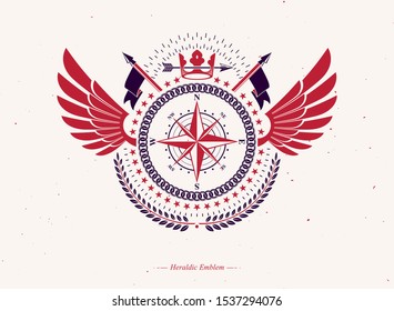 Vintage winged heraldry design template, vector emblem composed using royal crown and navigation compass.