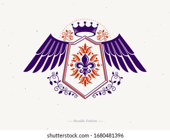 Vintage winged heraldry design template, vector emblem created using lily flower royal symbol and imperial crown