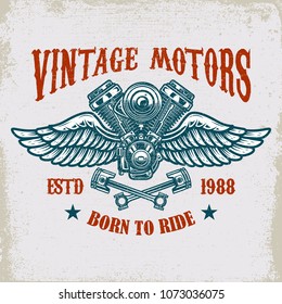 Vintage winged motor on grunge background. Design element for poster, card, t shirt, banner, emblem. Vector illustration