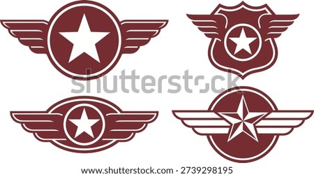 Vintage Winged Star Badge Emblems Collection For Retro Aviation Branding And Classic Military Insignia Design