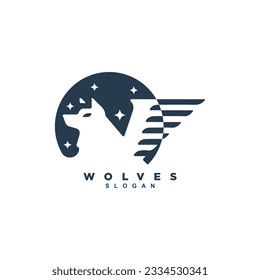 Vintage winged wolf logo design. night werewolf with moon logo vector