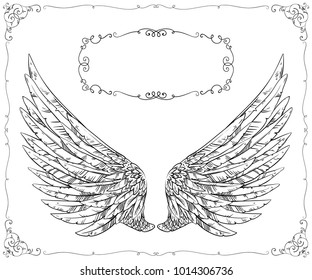 Vintage wings and frame with floral ornament. Isolated objects. Hand drawn vector illustration