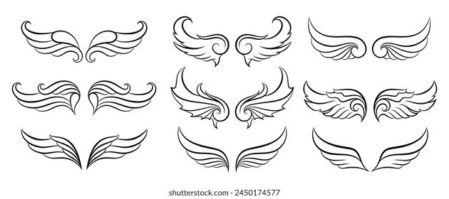 Antiguas alas establecidas. Extiende las alas de un ángel, un pájaro y un murciélago. Elemento decorativo de heráldica. Elementos de diseño para logo, etiqueta, emblema, signo, Marca comercial. Aislado. Ilustración vectorial