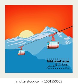 Vintage Winter background, poster. Red ski Lift Gondolas moving in Snow Mountains