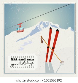 Vintage Winter background, poster. Red ski Lift Gondolas moving in Snow Mountains