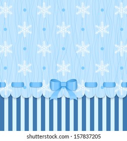 Vintage winter card with bow on blue snowflake background. Can be used for christmas or new year card.