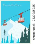 Vintage Winter cartoon background, poster. Red ski Lift Gondolas moving in Snow Mountains