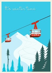 Carte D'arrière-plan Vintage Hiver, Affiche. Red Ski Lift Gondolas Se Déplaçant Dans Les Monts Des Neiges