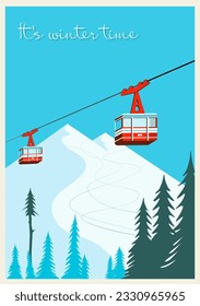 Vintage Winter cartoon background, poster. Red ski Lift Gondolas moving in Snow Mountains