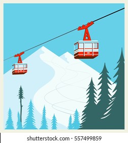 Vintage Winter Cartoon Background, Poster. Red Ski Lift Gondolas Moving In Snow Mountains