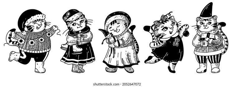 Vintage winter cats or tigers with christmas accessories in line style