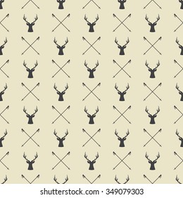 Vintage winter or christmas seamless pattern with deers and ski sticks. Vector Illustration