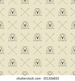 Vintage winter or Christmas seamless pattern with sweaters and ski sticks. Vector Illustration