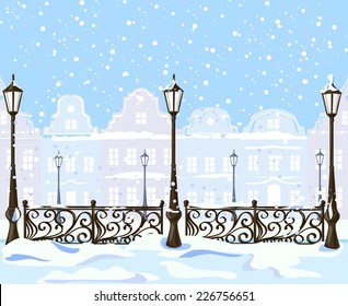 Vintage winter city with lanterns. vector illustration