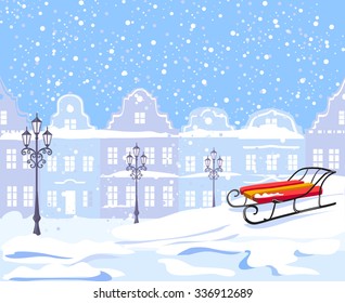 Vintage winter city and sled. vector illustration