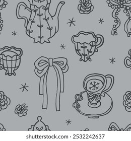 Vintage Winter coquette seamless pattern line art, whimsical style. Retro Christmas holiday wrapping paper design. Teapot, tea cup, bows, pane cones, snowflakes. Soft gray backdrop. Calming aesthetic.