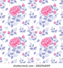 Vintage winter floral seamless pattern of violet pink rose bouquet, flower buds and leaf branch illustration arrangements for fabric, textile, women fashion, gift paper, feminine and beauty products