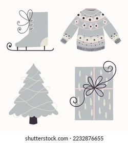 Vintage winter holiday set in silver tones. A cute horse, a warm knitted sweater, a Christmas tree and a beautiful gift box.