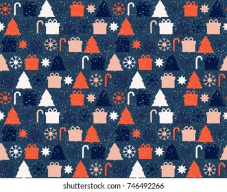 Vintage winter icons seamless pattern. Grunge december holidays abstract festive Christmas background, wallpaper, backdrop.