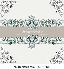 Vintage winter invitation card with damask ornaments. Vector