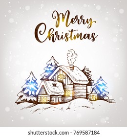 Vintage winter landscape with houses and fir trees in the snow. Hand drawn vector greeting card. Merry Christmas lettering