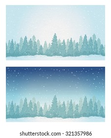 Vintage winter noontimet forest landscape and night forest landscape. vector