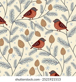 Padrão de inverno vintage de pássaros e cones de bullfinch em ramos de pinho ondulado contra o fundo com textura de neve. Impressão decorativa de Natal.