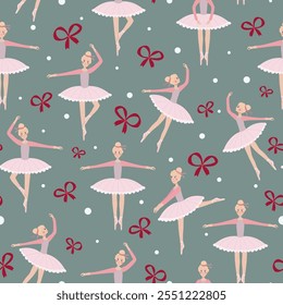 Vintage winter pattern with dancing ballerinas, red bows and snow balls. Endless vector texture on light grey blue background.