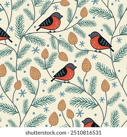 Vintage winter pattern of red breasted bullfinch birds on wavy pine branches against beige field with snow texture. Decorative Christmas seamless print.