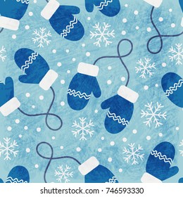 Vintage winter seamless pattern with blue mittens and snowflakes on blue background. Shabby texture. Vector illustration