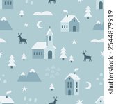 Vintage winter seamless pattern with cute town houses stars trees deer and snowflakes. Cute Christmas design, Scandinavian style background. Vector illustration