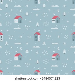Vintage winter seamless pattern with cute houses stars trees and snowflakes. Cute Christmas design, Scandinavian style background. Vector illustration