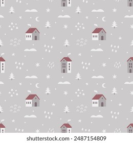 Vintage winter seamless pattern with cute houses stars trees and snowflakes. Cute Christmas design, Scandinavian style background. Vector illustration