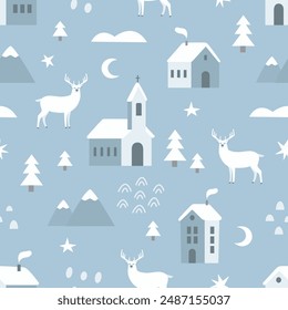 Vintage winter seamless pattern with cute town houses stars trees deer and snowflakes. Cute Christmas design, Scandinavian style background. Vector illustration