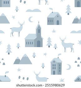 Vintage winter seamless pattern with cute town houses stars trees deer and snowflakes. Cute Christmas design, Scandinavian style background. Vector illustration