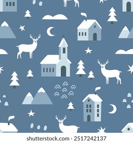 Vintage inverno sem emenda padrão com casas de cidade bonito estrelas árvores veados e flocos de neve. Design de Natal bonito, fundo estilo escandinavo. Ilustração vetorial