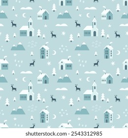 Vintage winter seamless pattern with cute town houses stars trees deer and snowflakes. Cute Christmas design, Scandinavian style background. Vector illustration