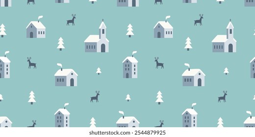 Vintage winter seamless pattern with cute town houses trees deer. Cute Christmas design, Scandinavian style background. Vector illustration