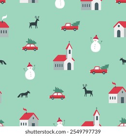 Vintage winter seamless pattern with cute town houses, cars, trees, deer, fox. Cute Christmas design, Scandinavian style background. Vector illustration