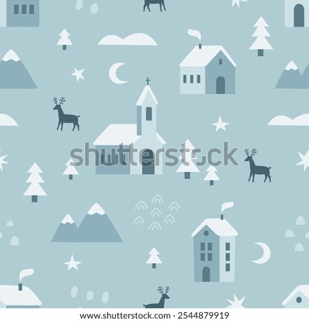 Vintage winter seamless pattern with cute town houses stars trees deer and snowflakes. Cute Christmas design, Scandinavian style background. Vector illustration