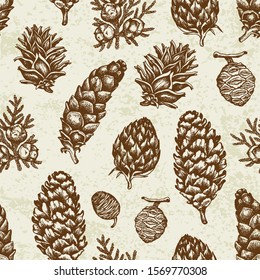 Vintage winter seamless pattern with evergreen plants. Decorative background for Christmas and new year. Hand drawn vector pattern.