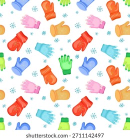Patrón inconsútil del invierno de Antiguas con los mitones y los copos de nieve aislados en el fondo blanco. Guantes de invierno calientes. Manopla colorida estación fría, accesorios de ropa. Ilustración vectorial de patrón sin costuras